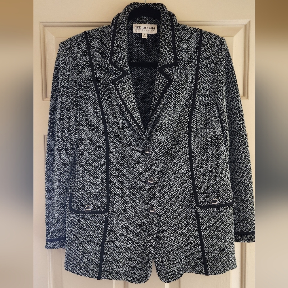 St. John Black and White Knitted Blazer with Contrast Piping